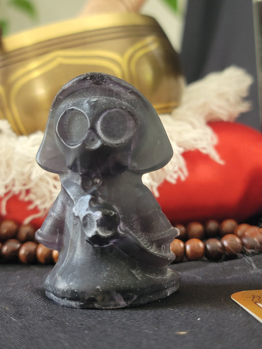 Fluorite Reaper Carving for Shadow Work Transformation and Psychic Protection