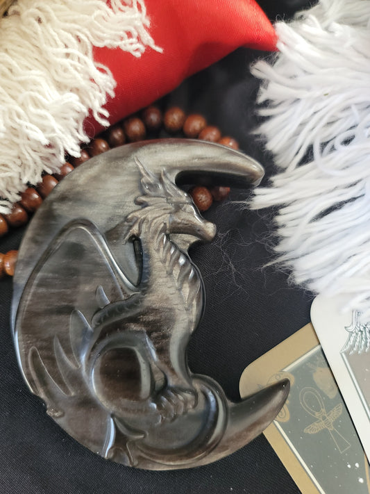 Silver Obsidian Moon Carving: Bat or Dragon Guardian of Shadow Work