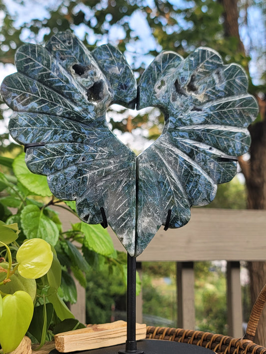 Moss Agate Peacock Heart Showpiece Two-Piece 9 Inch for Growth Stability and Earth Connection
