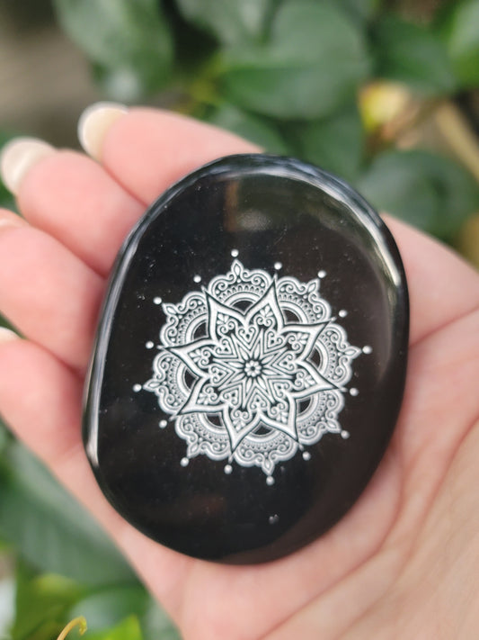 Obsidian Engraved Palmstone for Protection Grounding and Focused Meditation