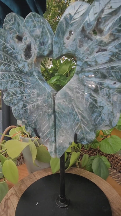 Moss Agate Peacock Heart Showpiece Two-Piece 9 Inch for Growth Stability and Earth Connection