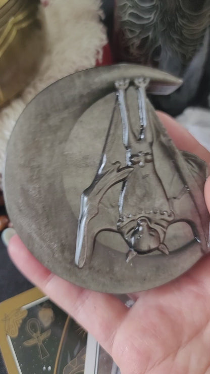 Silver Obsidian Moon Carving: Bat or Dragon Guardian of Shadow Work