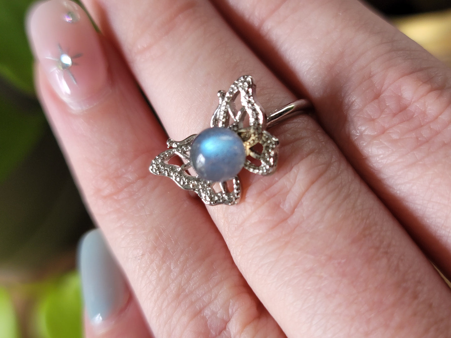 Moonstone Sterling Silver Rings – Choose Butterfly, Moon, or Sun & Moon (Adjustable)
