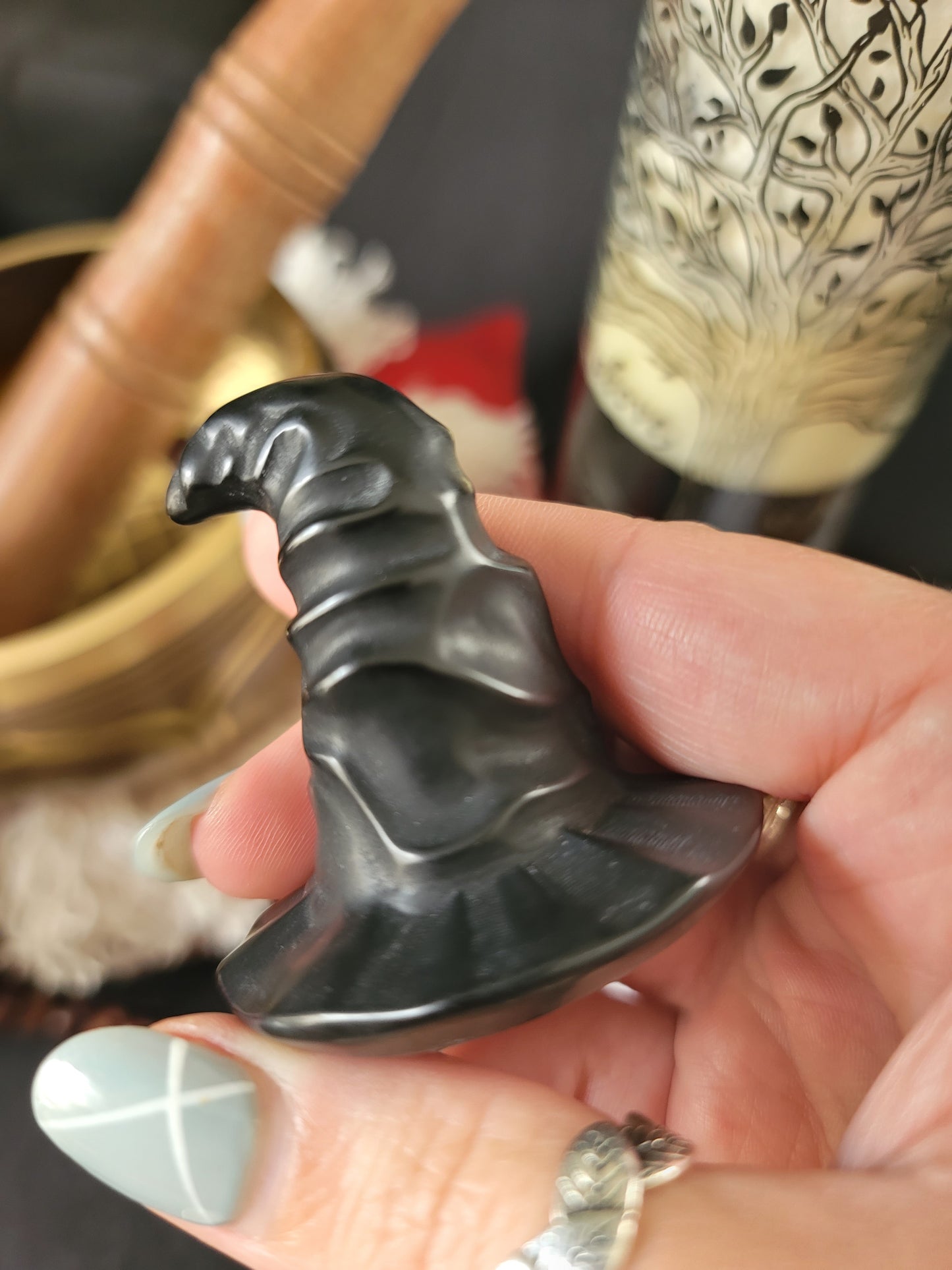 Obsidian Witch Hat Carving: Shadow Protection and Release