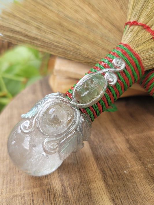 Besom Smudge Broom with Crystal Adornments Hand Decorated