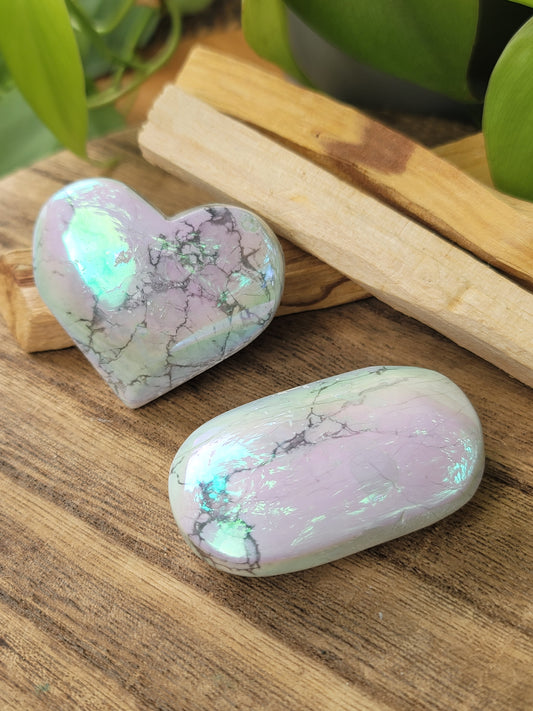 Aura Howlite Palm Stone and Heart for Calm Clarity and Crown Chakra Peace