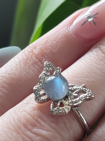 Moonstone Sterling Silver Rings – Choose Butterfly, Moon, or Sun & Moon (Adjustable)
